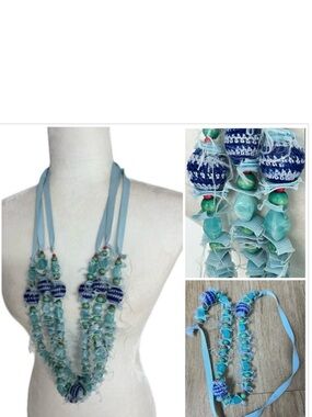 🎁🇬🇷 Handmade Multistrands Necklace - Long- Blue Red Macrame Balls/ Greece